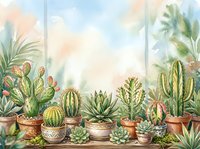 Watercolor illustration of various cacti and succulents in terracotta and decorative pots arranged on a windowsill with soft natural light filtering through, suitable for home decor and botanical artwork.