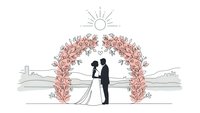 Romantic wedding ceremony silhouette with floral arch and sun rays in elegant line art style for invitations and celebration designs.