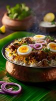 Steaming chicken biryani served in copper bowl with boiled eggs, red onions, and fresh herbs on banana leaf, traditional Indian rice dish with aromatic spices.