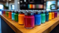 Vibrant colorful drinks and smoothies in glass jars arranged on wooden surface, showcasing rainbow spectrum of fresh healthy beverages in cafe setting.