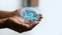 Human hands holding glowing holographic brain with neural networks and synapses for medical technology, artificial intelligence and neuroscience concepts.
