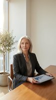 Confident mature businesswoman with silver hair in suit reviewing financial reports at modern office desk with plant in bright workspace.