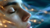 Close up profile view of young woman with closed eyes surrounded by magical glowing golden and blue light effects, creating dreamy atmospheric mood.