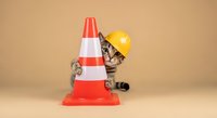 A tabby cat wearing a yellow hard hat peeks out from behind a red and white traffic cone against a neutral beige background.