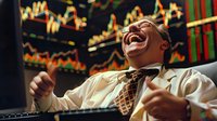 Young Asian businessman laughing euphorically at stock market trading desk with financial charts and market data displayed on screens in background.