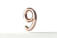Metallic rose gold number nine on white background, glossy digit with reflective surface and soft shadow, isolated design element for typography.