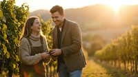 Young couple enjoying wine tasting at vineyard during golden hour sunset, romantic date in autumn countryside with grape vines and warm lighting.