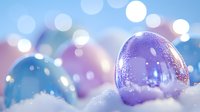 Frozen soap bubbles on snow with magical purple and blue bokeh lights creating dreamy winter atmosphere. Macro photography captures crystalline patterns.