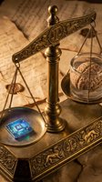 Vintage brass scales of justice weighing computer microchip against human brain, symbolizing technology versus humanity balance in artificial intelligence ethics.