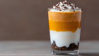 Layered caramel dessert in glass with whipped cream, chocolate crumbs and caramel sauce on dark background. Sweet treat with contrasting textures.