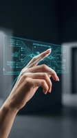 Hand of a Caucasian male professional interacting with holographic system architecture display, touching digital interface with circuit board visualization and data flow graphics for technology and innovation concepts.