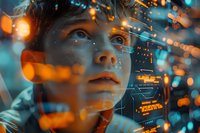 Young person gazing upward with futuristic holographic interface reflections and orange bokeh lights creating cyberpunk atmosphere against blue background.