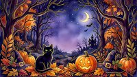 Silhouette of black cat sitting among autumn leaves and carved jack-o-lantern pumpkins with haunted castle under moonlit night sky and bare trees, ideal for seasonal and holiday designs.