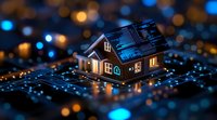 Glowing miniature house on circuit board with blue bokeh lights, representing smart home technology and digital real estate innovation in modern living.