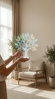 Hands protecting glowing holographic tree with colorful leaves in modern living room interior symbolizing environmental care and sustainability concept.