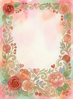 Ornamental floral frame with roses, peonies, hearts and scrolling vines on watercolor background, isolated on white space for greeting cards, invitations and wedding designs.