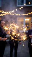 Hands holding glowing sparklers at evening celebration with string lights and brick building backdrop, festive party atmosphere.