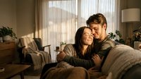 Young couple embracing on couch in cozy living room with warm natural lighting. Romantic intimate moment at home for relationship and lifestyle content.