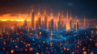 Futuristic cityscape with glowing orange sunset and blue digital wave pattern. Modern skyscrapers silhouettes emerge through luminous network visualization.