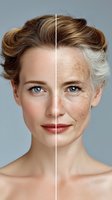Before and after comparison showing aging process with split face portrait of woman with blue eyes and auburn hair against gray background.