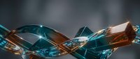 Twisted glass tubes with amber and teal liquid flowing through transparent geometric forms against blurred background, suitable for technology and innovation concepts.