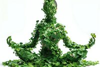 Silhouette of meditating figure covered in fresh green leaves and foliage against white background, representing harmony with nature and environmental wellness.