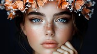 Young woman with bright blue eyes, freckles and coral flower crown against dark background. Artistic beauty portrait with soft dreamy makeup and natural skin texture.