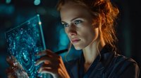 Young redheaded woman with intense expression analyzing digital holographic interface in dark blue environment, perfect for technology and future concepts.