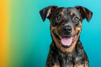 Happy mixed breed dog with black and brown fur smiling at camera against vibrant turquoise and yellow background. Close up portrait showing joyful expression.