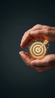 Hands holding a glowing golden target with arrow, symbolizing goal achievement, business strategy, and success on dark background.