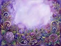 Watercolor floral frame with ornate gold scrollwork and purple flowers on lavender background, suitable for invitations, greeting cards, and decorative design projects.