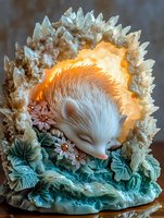 Sleeping white fox figurine surrounded by crystal formation, turquoise leaves and delicate pink flowers, illuminated from within creating warm glow effect.
