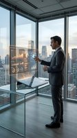Businessman in dark suit analyzing financial data on transparent digital display in modern high-rise office with cityscape view, representing business analytics and corporate technology solutions.