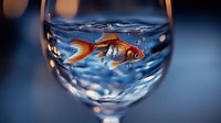 Vibrant goldfish swimming in wine glass with clear water, creating optical illusion against blue background with bokeh lights.