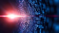 Digital binary code tunnel with glowing red light beam effect in dark blue cyberspace background, modern technology concept for data transfer and security.