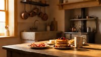 Cozy rustic kitchen interior with pancake breakfast on wooden table, warm morning sunlight streaming through window creating inviting homestyle atmosphere.