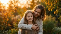 Mother and daughter embracing outdoors during golden hour sunset with warm autumn foliage creating beautiful bokeh background for family lifestyle content.
