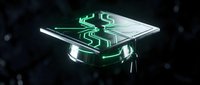Futuristic graduation cap with glowing green circuit board patterns and digital technology elements on dark background for education and tech concepts.