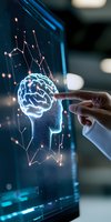 Glowing digital brain hologram with human hand touching interactive display, surrounded by neural network connections and data points in blue technological environment.