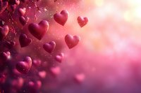 Romantic pink and purple hearts floating in dreamy bokeh background with glowing sparkles and soft focus effect, perfect for Valentine's Day designs and love themes.