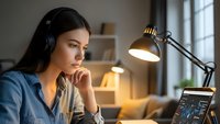 Young Hispanic woman wearing headphones working on laptop at home office desk with warm lighting and modern workspace setup for remote work productivity.