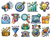Marketing and business strategy icons set featuring megaphone, target, growth chart, lightbulb, email, mobile app, search, analytics, puzzle, financial success, funnel, networking, teamwork, achievement badge and rocket launch symbols.