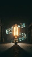 Vintage Edison bulb with glowing digital icons spiraling around it in dark urban alley representing innovation and technology fusion for creative projects.