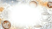 Coffee frame with latte art cups and beans in warm brown tones on white background for cafe menu design and beverage branding projects.