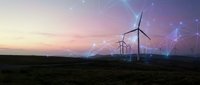 Wind turbines on field with digital network overlay at sunset representing renewable energy technology and smart grid connectivity for sustainable power generation.