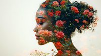 Double exposure portrait of young African woman with curly hair combined with blooming red roses and floral elements creating artistic profile silhouette.