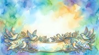 Ornate golden banner with symmetrical winged birds and decorative foliage on watercolor gradient background, isolated on white for design projects and invitations.