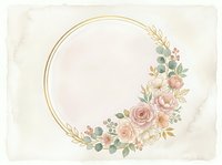 Elegant gold circular frame adorned with blush roses, cream flowers, eucalyptus leaves and wheat accents on aged cream background. Isolated design element suitable for wedding invitations, greeting cards, social media graphics and stationery projects.