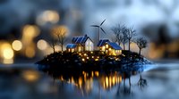 Cozy illuminated houses on small island with solar panels and wind turbine reflecting in calm water at dusk, sustainable living concept with bokeh background.