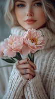 Young blonde woman in cozy knit sweater holding delicate pink peonies, wearing silver ring. Soft dreamy portrait with natural makeup and gentle expression.